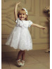 Short Sleeves Ivory Satin Lace Cute Flower Girl Dress